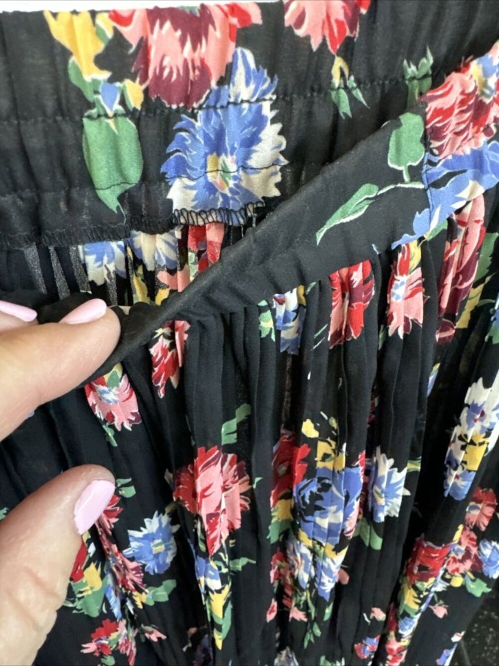 Koret Floral Pleated Skirt Sheer Button-Up Blouse Set 8 Black Multicolor Elastic - Picture 9 of 13
